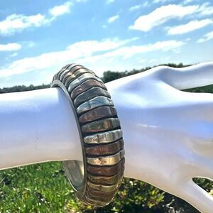 Vintage brass, copper and silver tone  ribbed chunky bangle bracelet